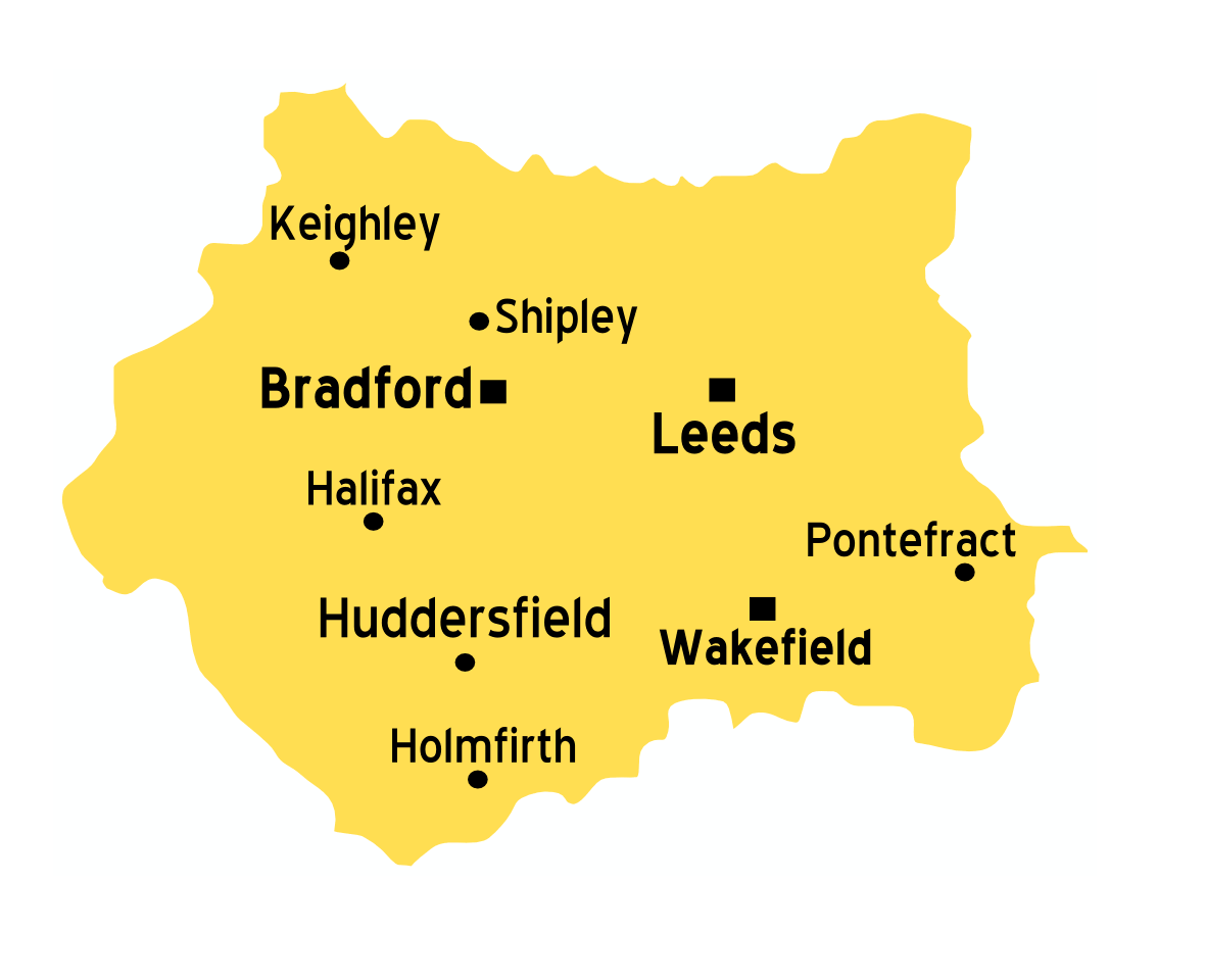West Yorkshire map highlighting major towns including Bradford, Leeds, Huddersfield, and Wakefield.